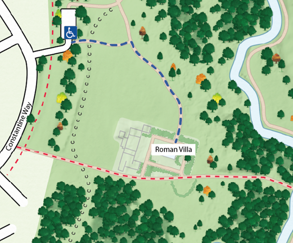 Accessible walking map from Constantine Way car park to Roman Villa site.